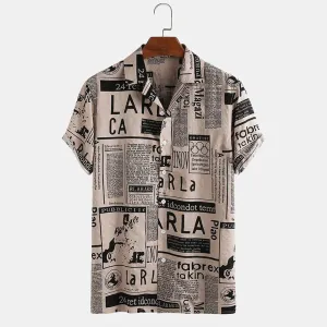 3XL Men’s Vintage Newspaper Print Hawaiian Shirt – Trendy Casual Summer Shirt