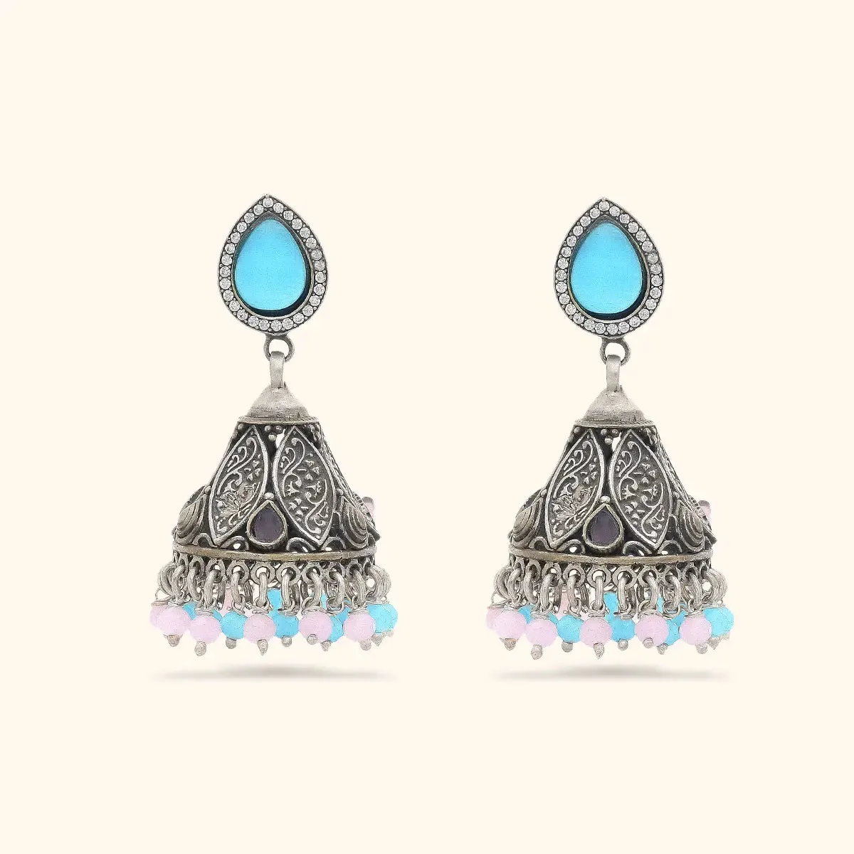 Aqua Color Oxidised Silver Jumka