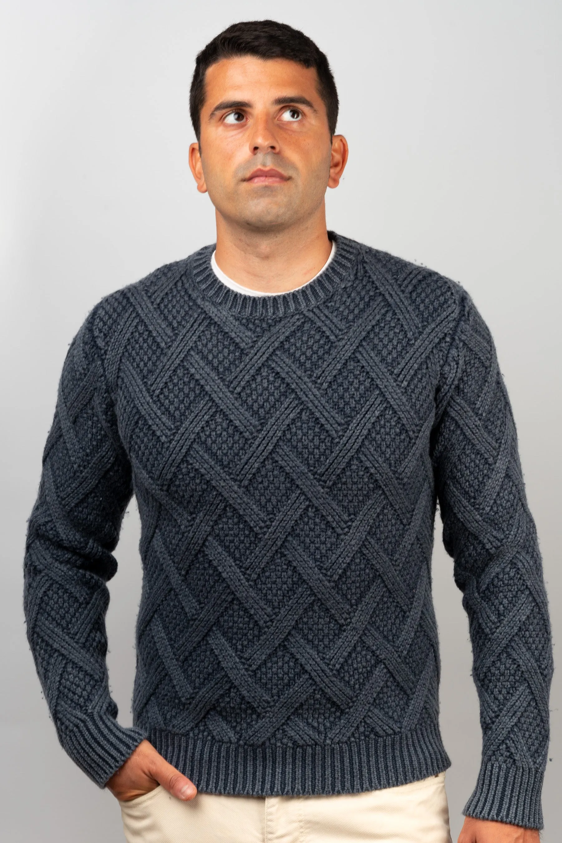 Aran Blue Wool Crewneck Sweater