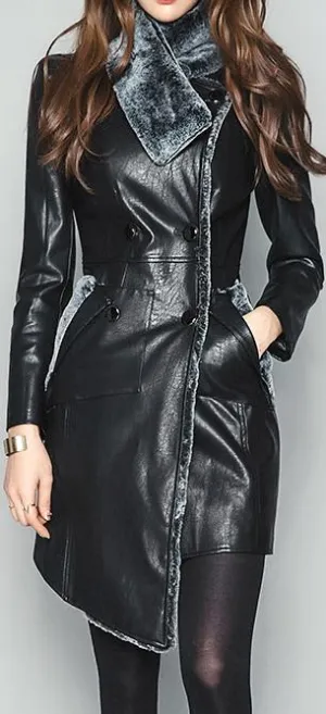 Asymmetrical Faux-Leather Coat with Fur-Trim