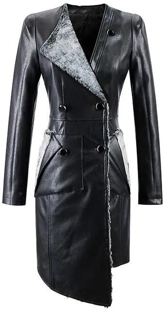 Asymmetrical Faux-Leather Coat with Fur-Trim