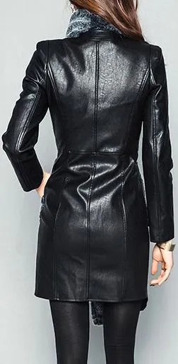 Asymmetrical Faux-Leather Coat with Fur-Trim