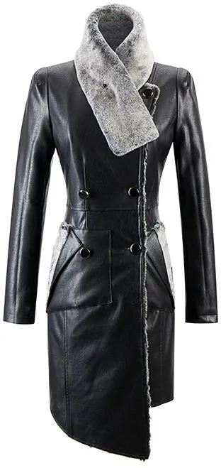 Asymmetrical Faux-Leather Coat with Fur-Trim