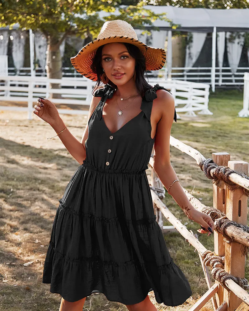 Babydoll Button V-Neck Dress