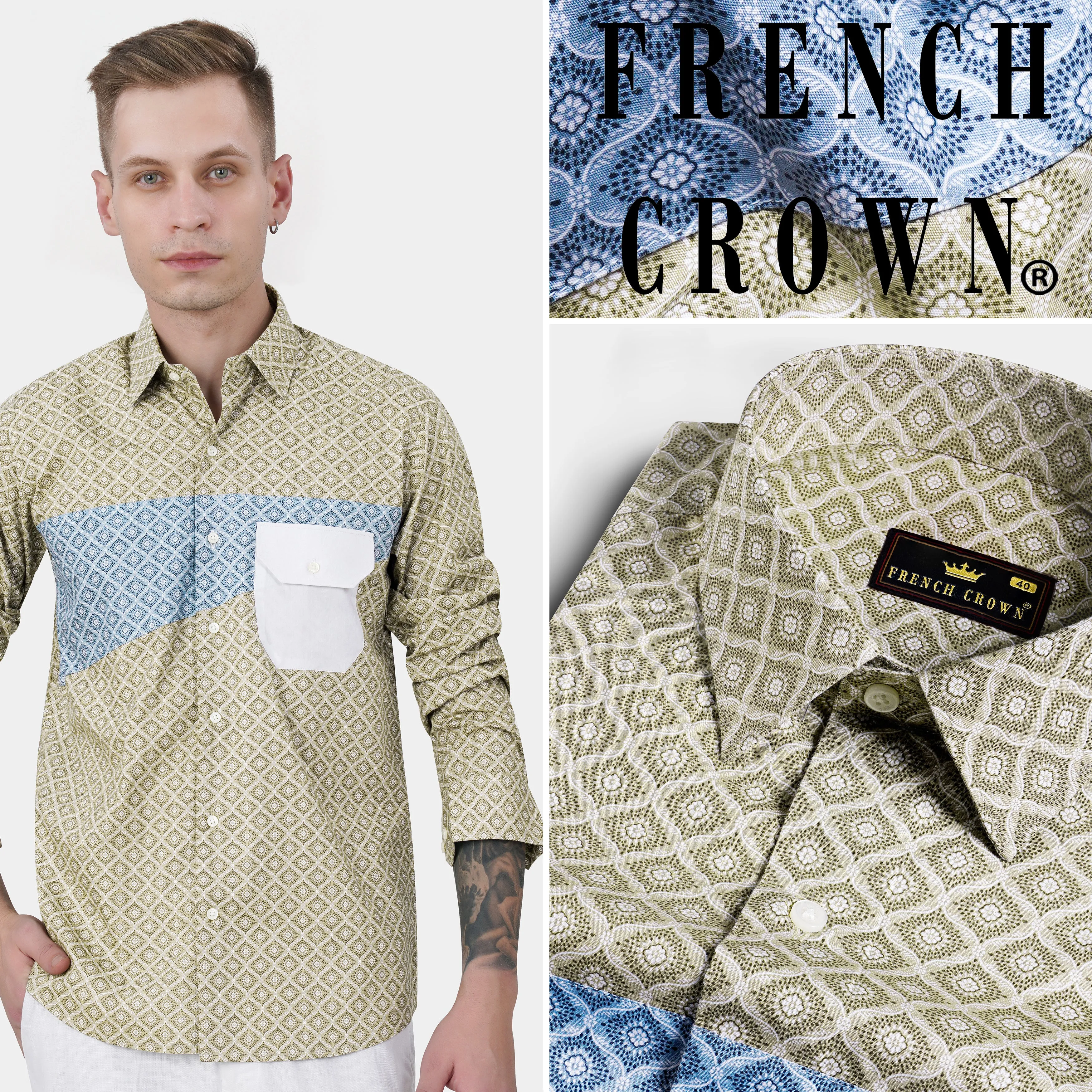 Bison Brown with Danube Blue and White Geometric Printed Premium Cotton Designer Shirt