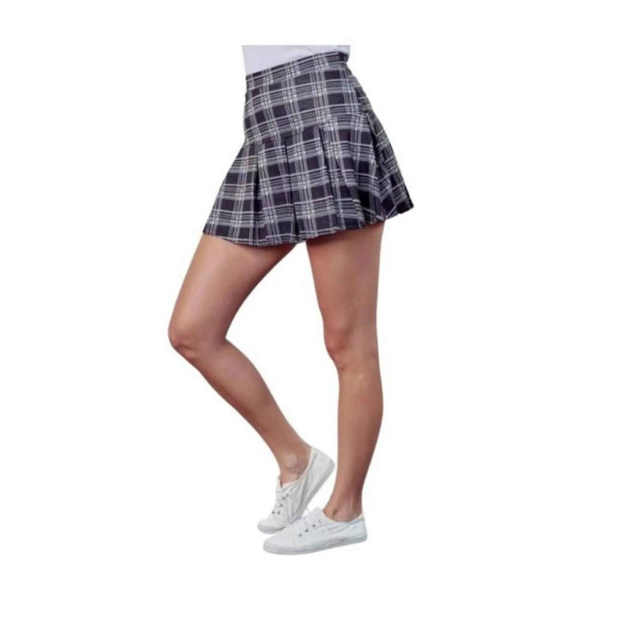 Black Plaid Print Pleated Skirt