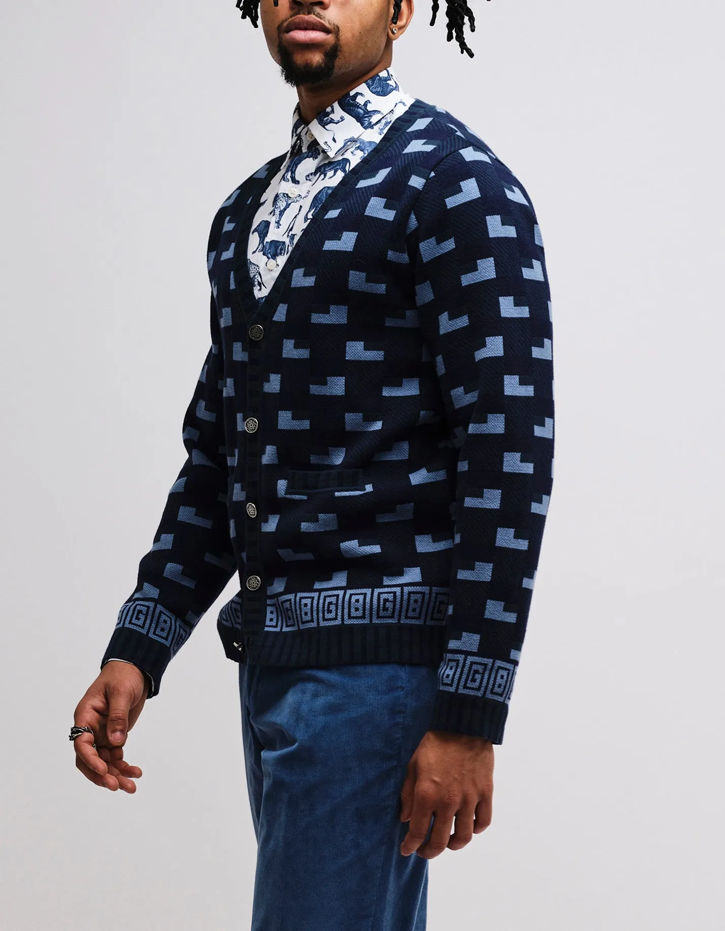Blue Geometric GB Cotton Cardigan GOLD