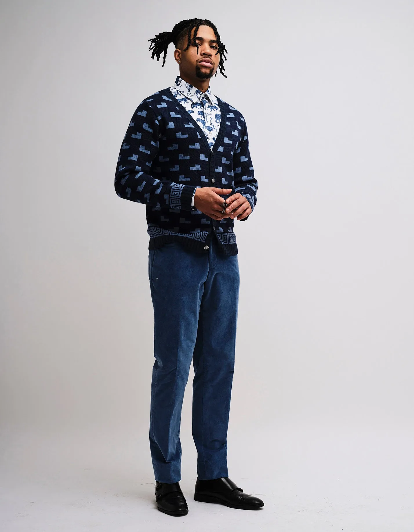 Blue Geometric GB Cotton Cardigan GOLD