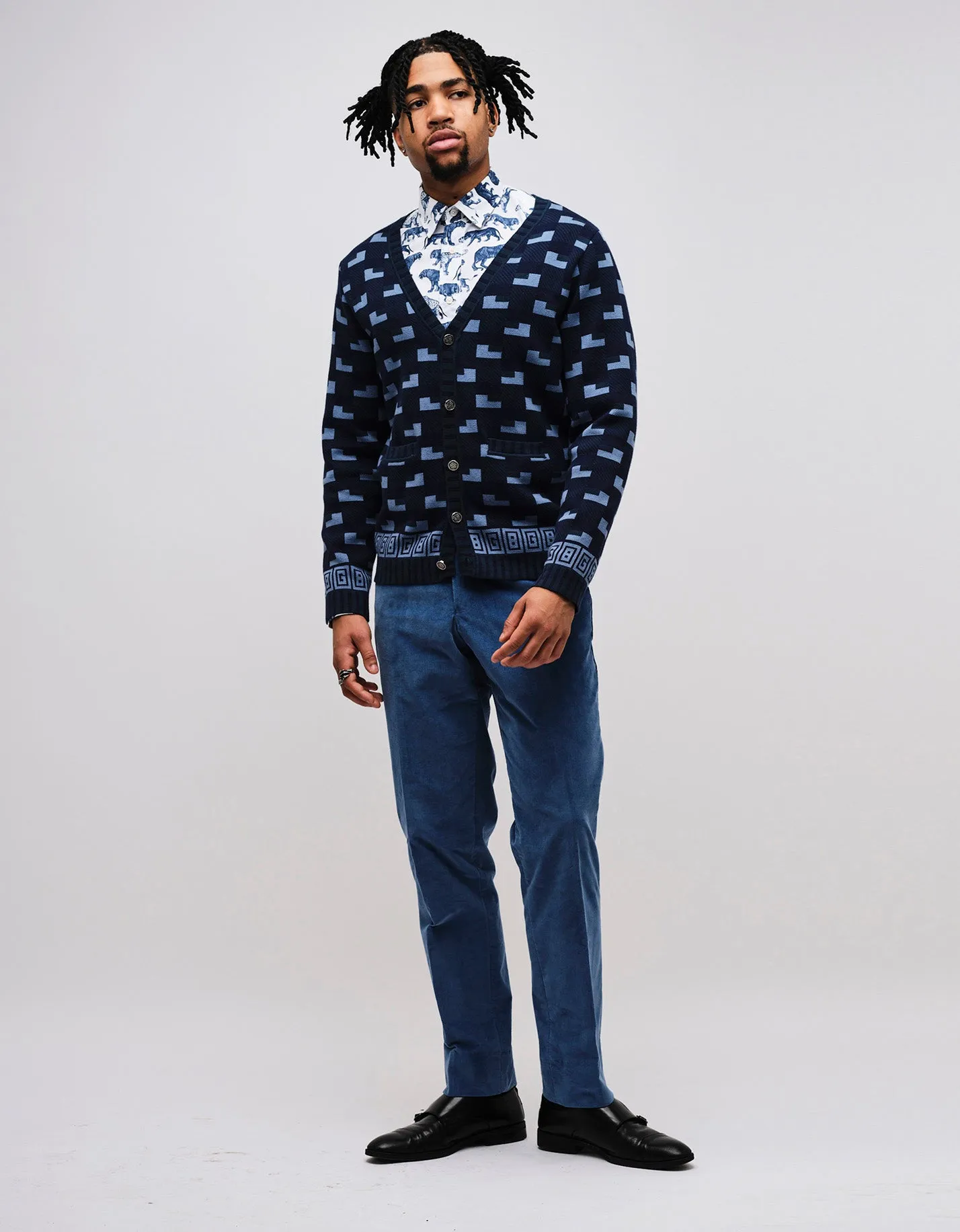 Blue Geometric GB Cotton Cardigan GOLD