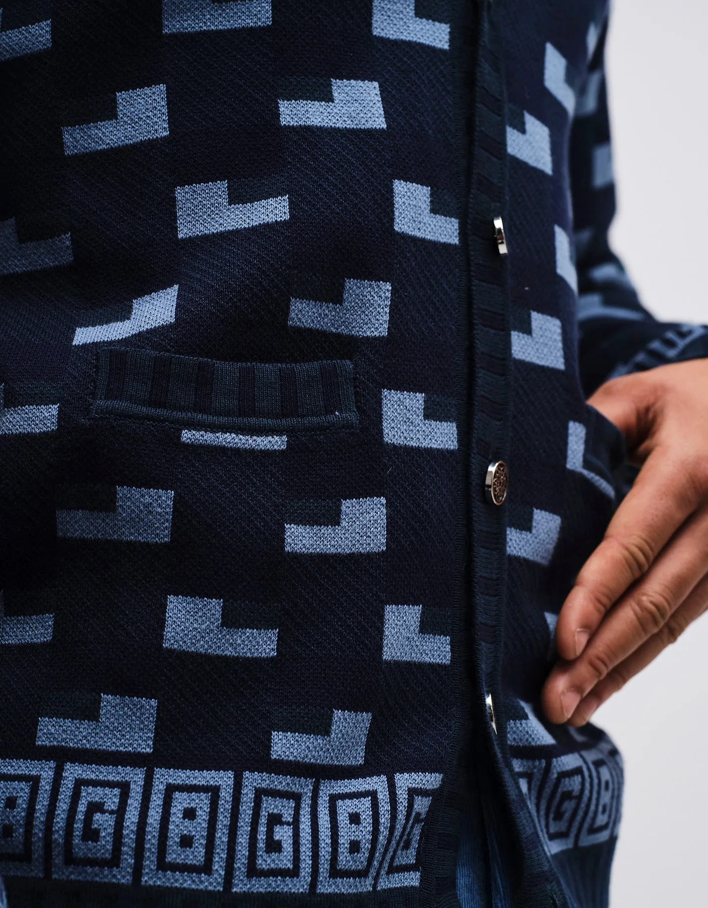 Blue Geometric GB Cotton Cardigan GOLD