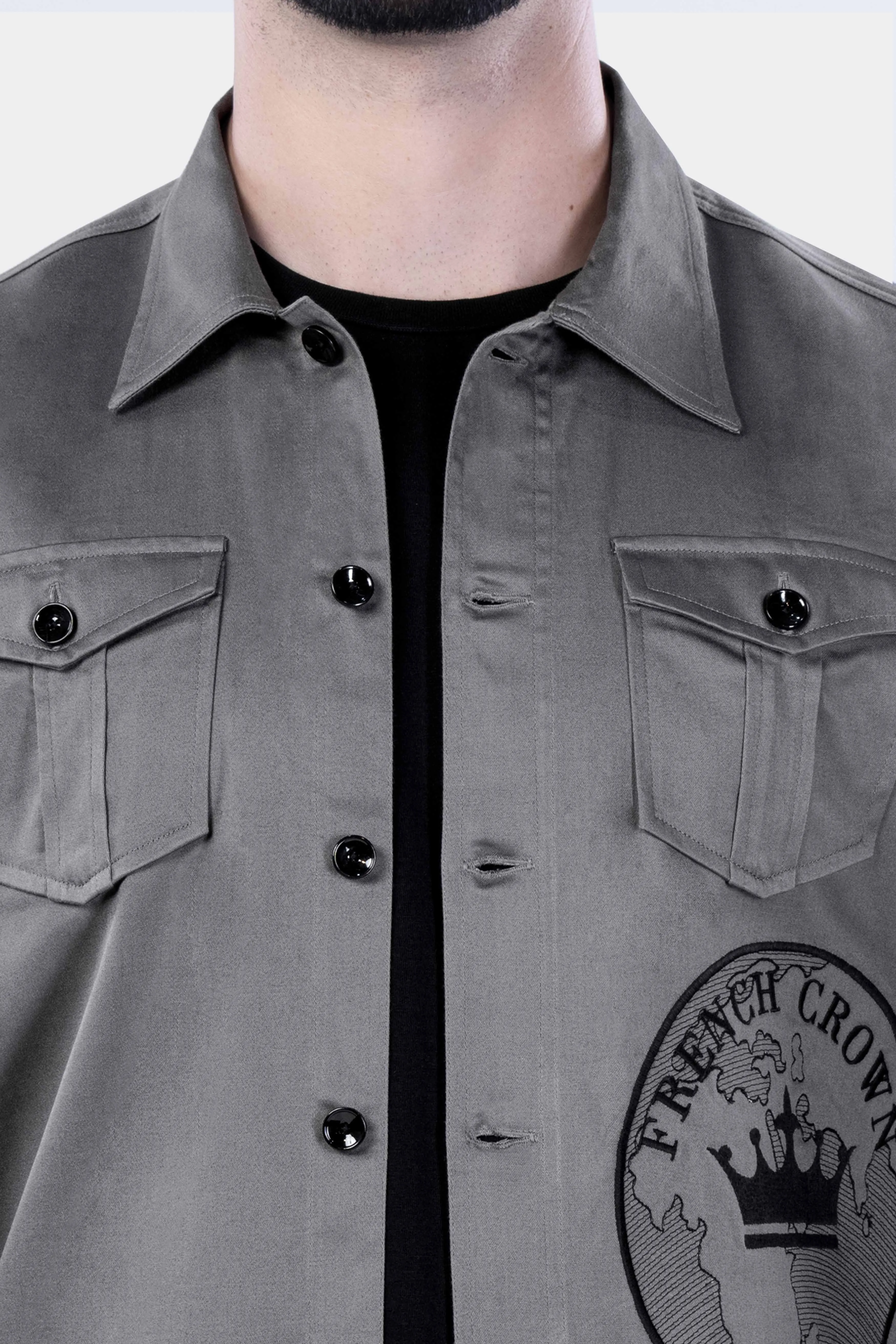 BOULDER GRAY CROWN EMBROIDERED PREMIUM COTTON DESIGNER OVERSHIRT