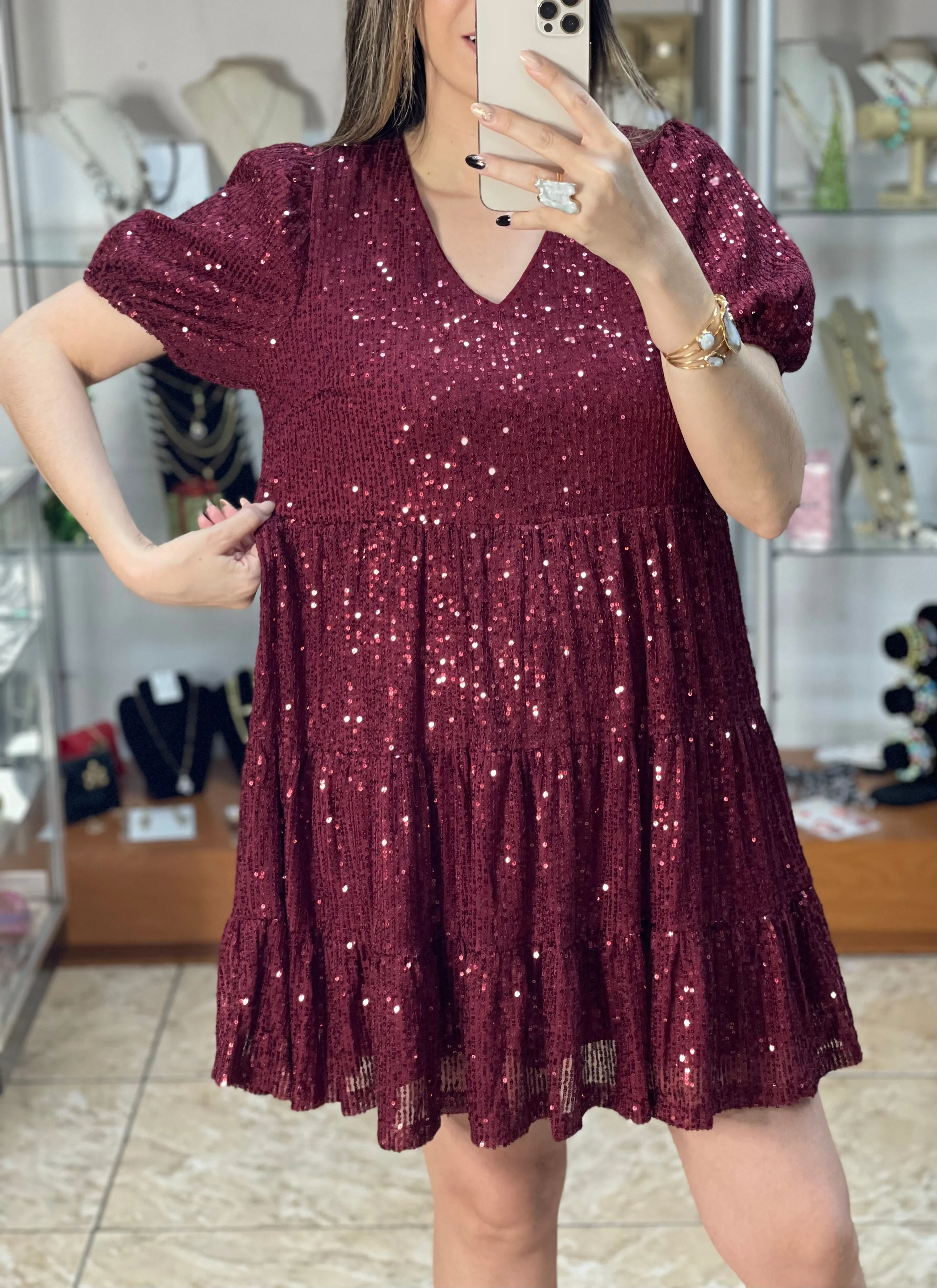 Burgundy Babydoll Sequins Dress