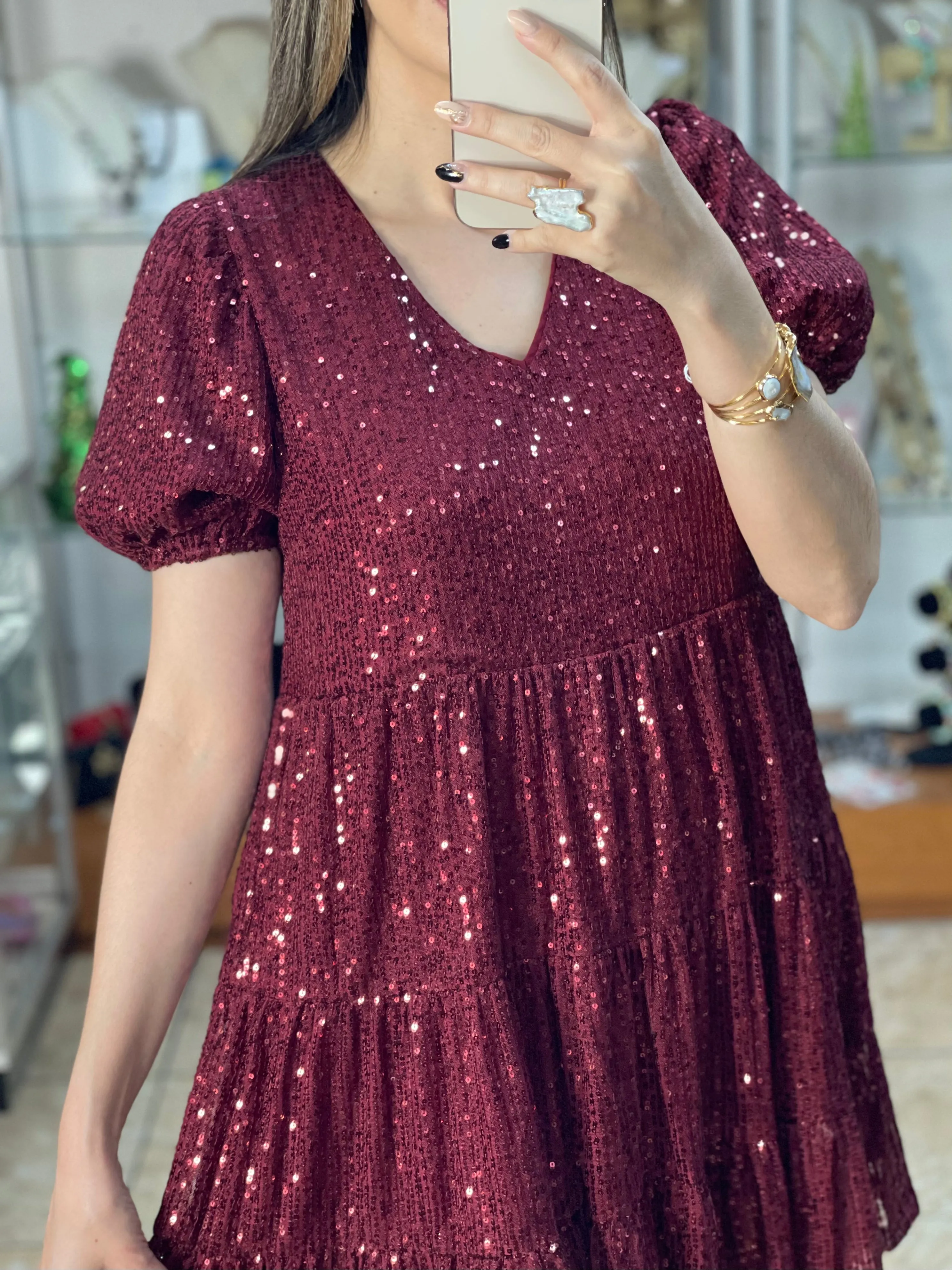 Burgundy Babydoll Sequins Dress