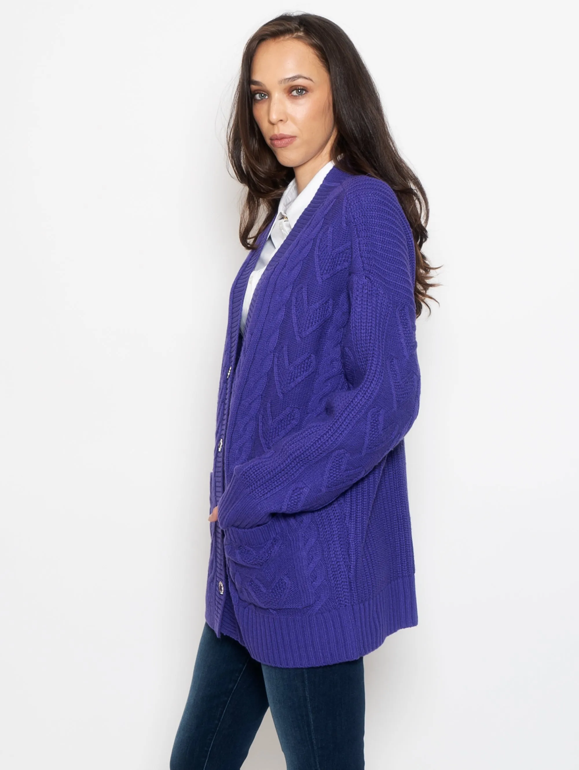 Cardigan Lungo con Bottoni Gioiello Viola