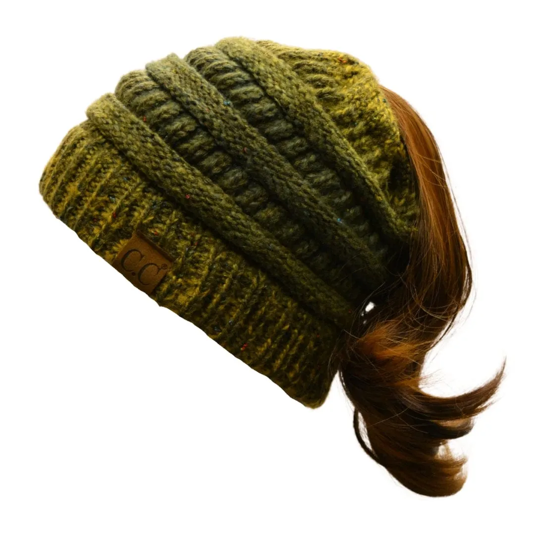 C.C MB817 - Soft Stretch Cable Knit Warm Hat High Bun Ponytail Ombre Confetti Beanie