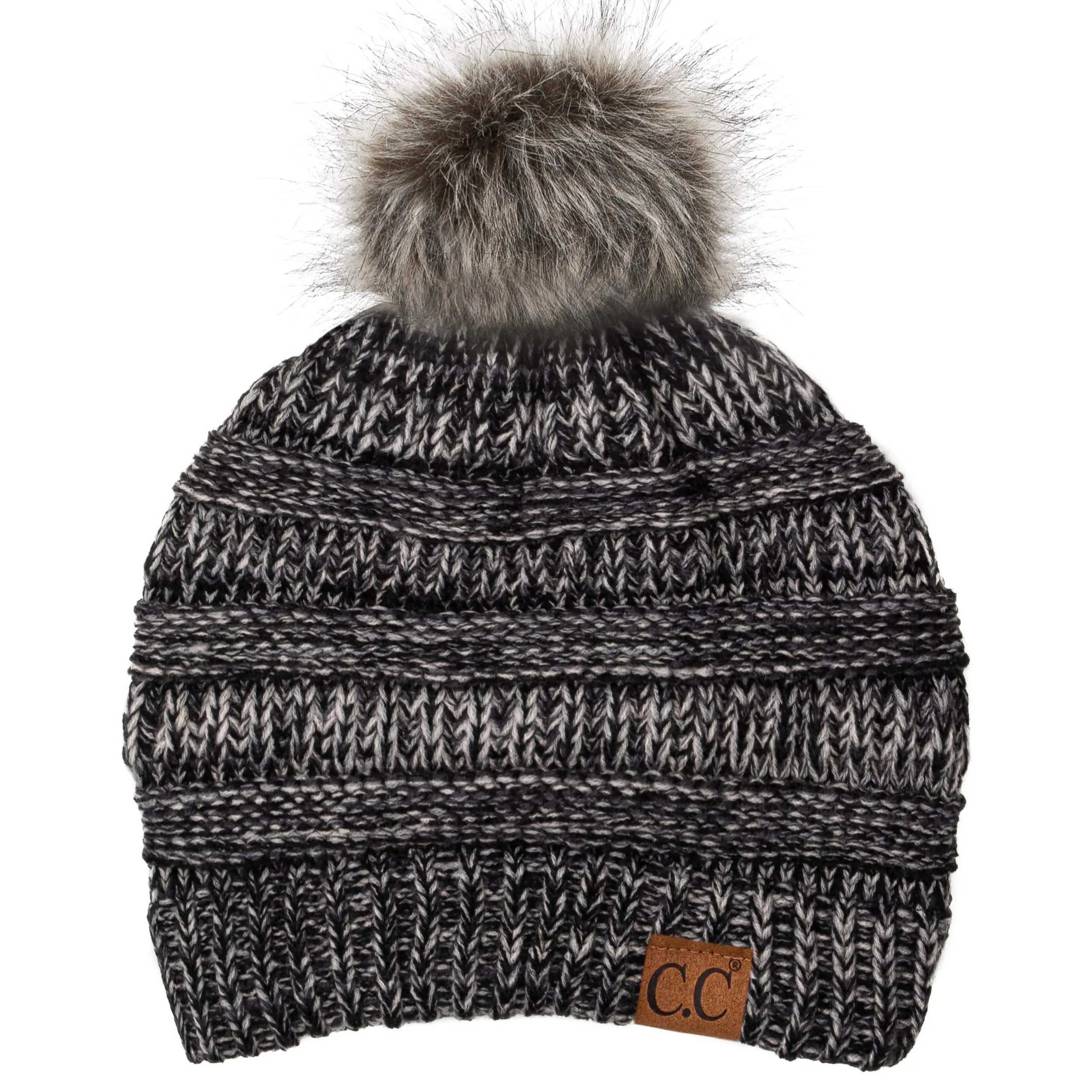 C.C YJ816POM - Slouchy Thick Warm Cap Hat Skully Faux Fur Two Tone Pom Pom Cable Knit Beanie