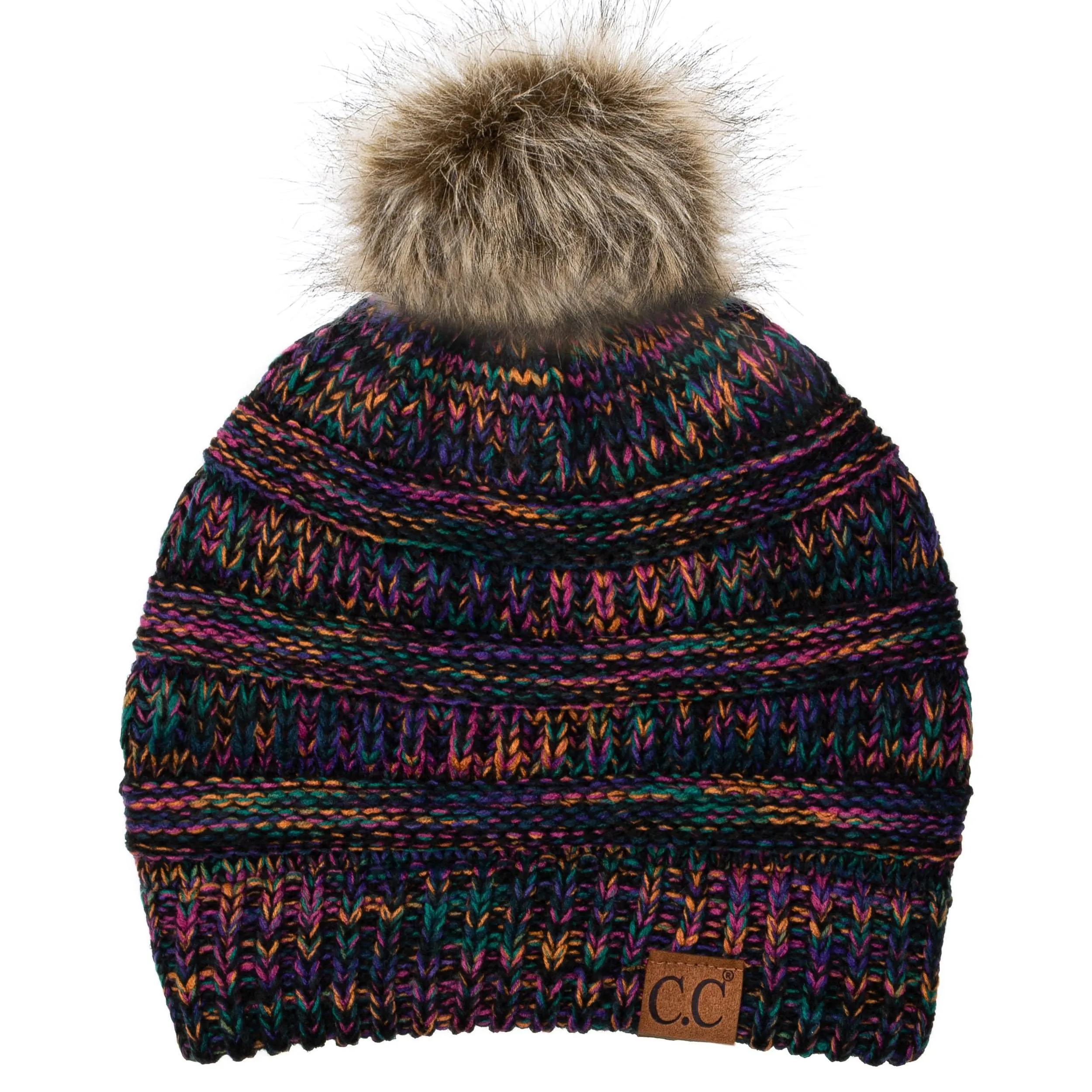 C.C YJ816POM - Slouchy Thick Warm Cap Hat Skully Faux Fur Two Tone Pom Pom Cable Knit Beanie