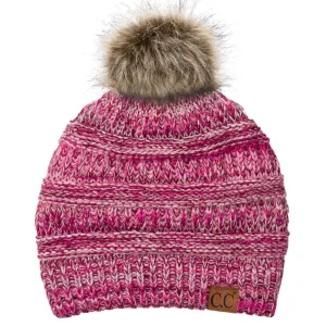 C.C YJ816POM - Slouchy Thick Warm Cap Hat Skully Faux Fur Two Tone Pom Pom Cable Knit Beanie