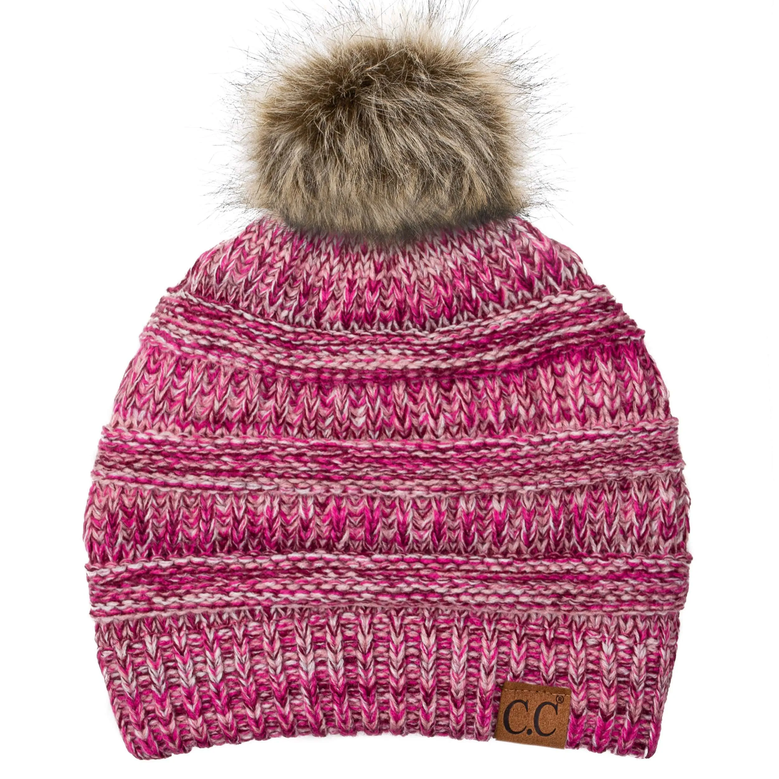 C.C YJ816POM - Slouchy Thick Warm Cap Hat Skully Faux Fur Two Tone Pom Pom Cable Knit Beanie