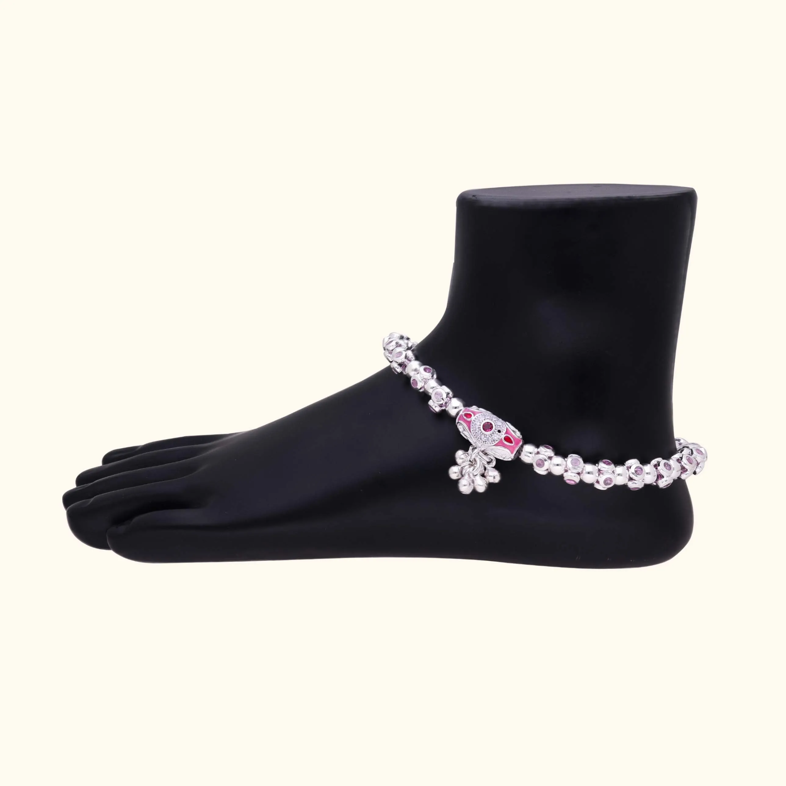 Charming Pink Stone Silver Payal