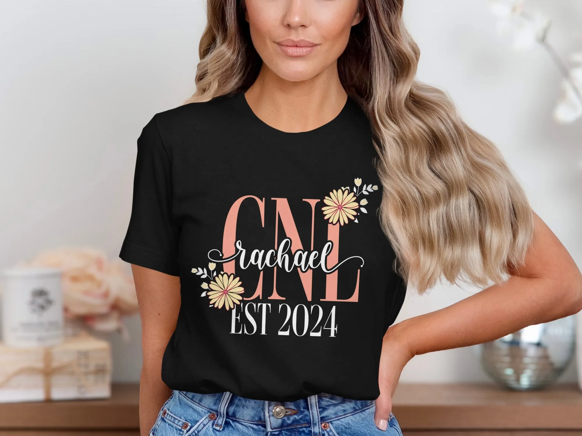 CNL Rachael EST 2024 Custom Personalized T-Shirt, Flower Decorated Design, Perfect Gift for New Graduate, Unique Keepsake