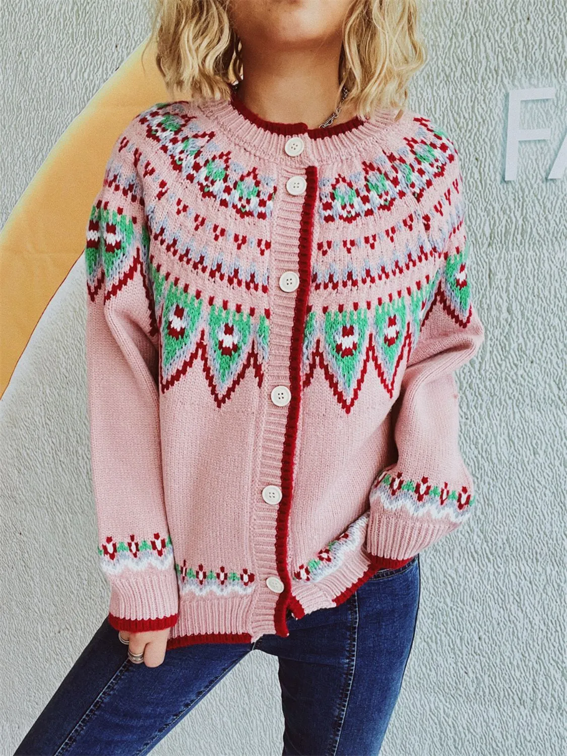 Contrast Geometric Round Neck Long Sleeve Cardigan Sweater