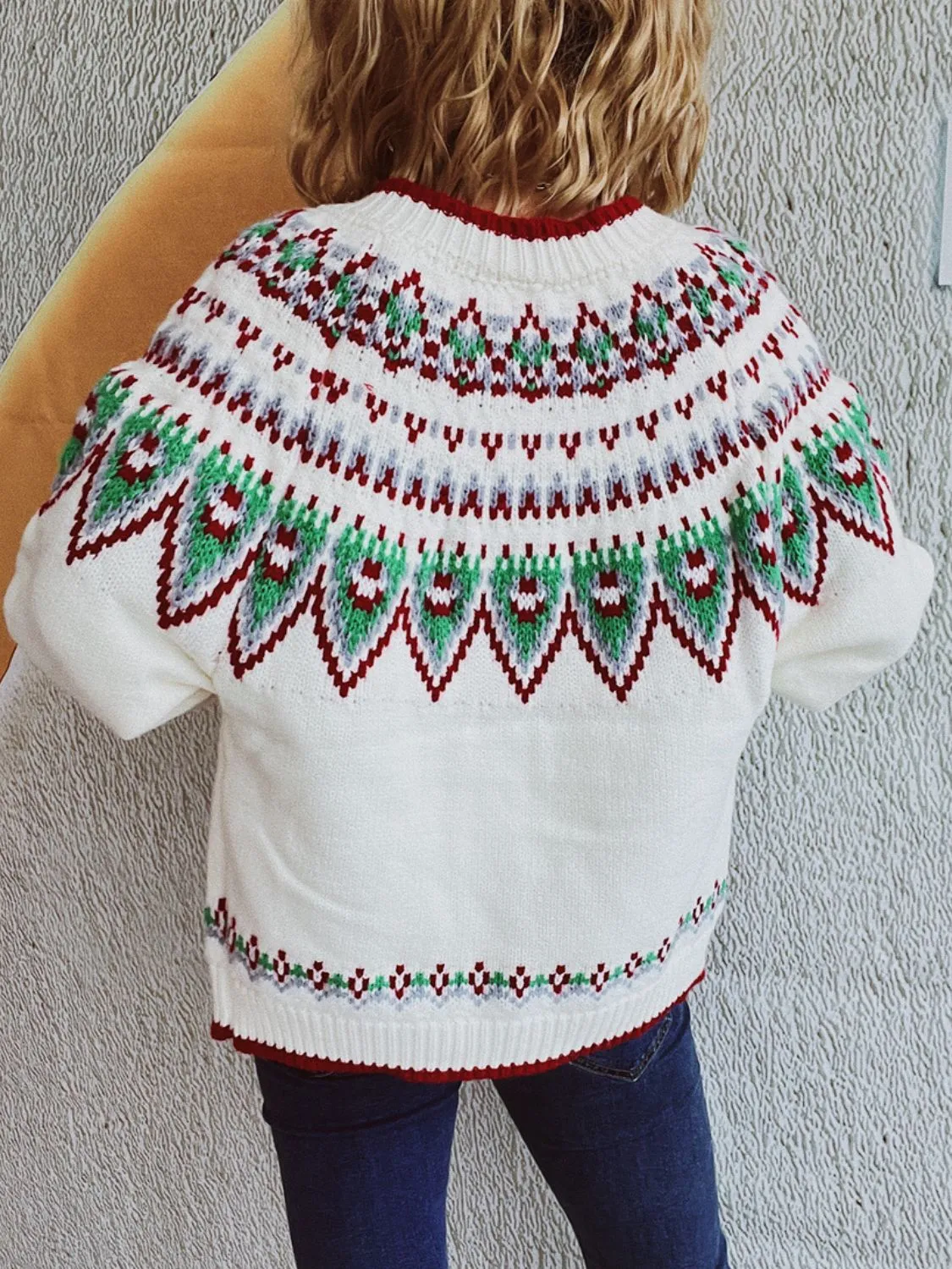 Contrast Geometric Round Neck Long Sleeve Cardigan Sweater