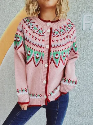 Contrast Geometric Round Neck Long Sleeve Cardigan Sweater