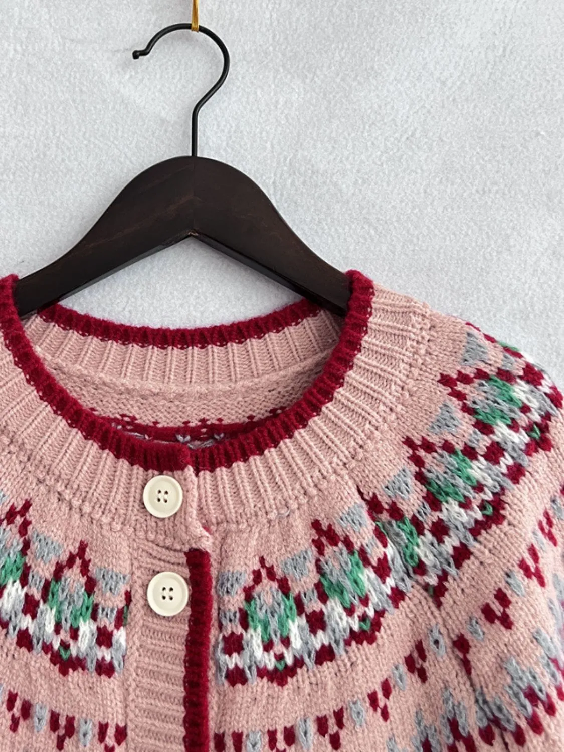 Contrast Geometric Round Neck Long Sleeve Cardigan Sweater