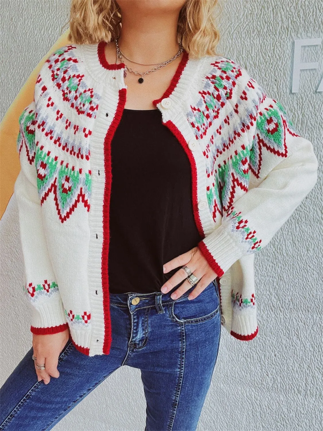 Contrast Geometric Round Neck Long Sleeve Cardigan Sweater