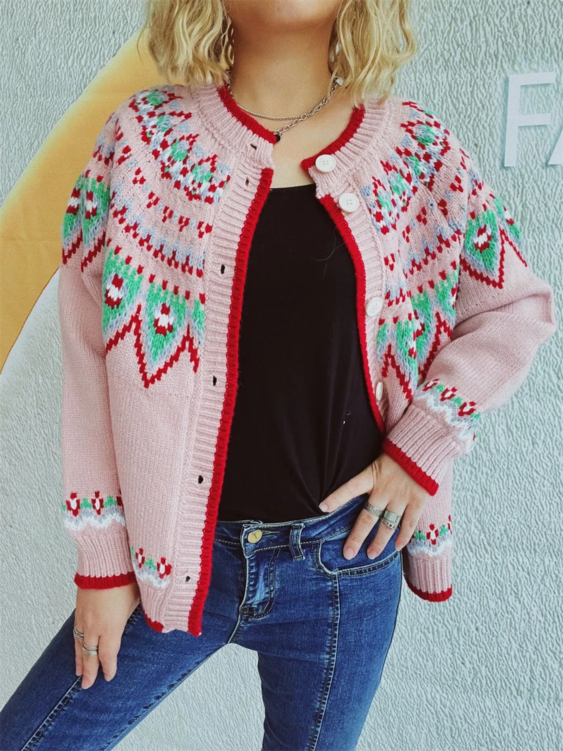 Contrast Geometric Round Neck Long Sleeve Cardigan Sweater