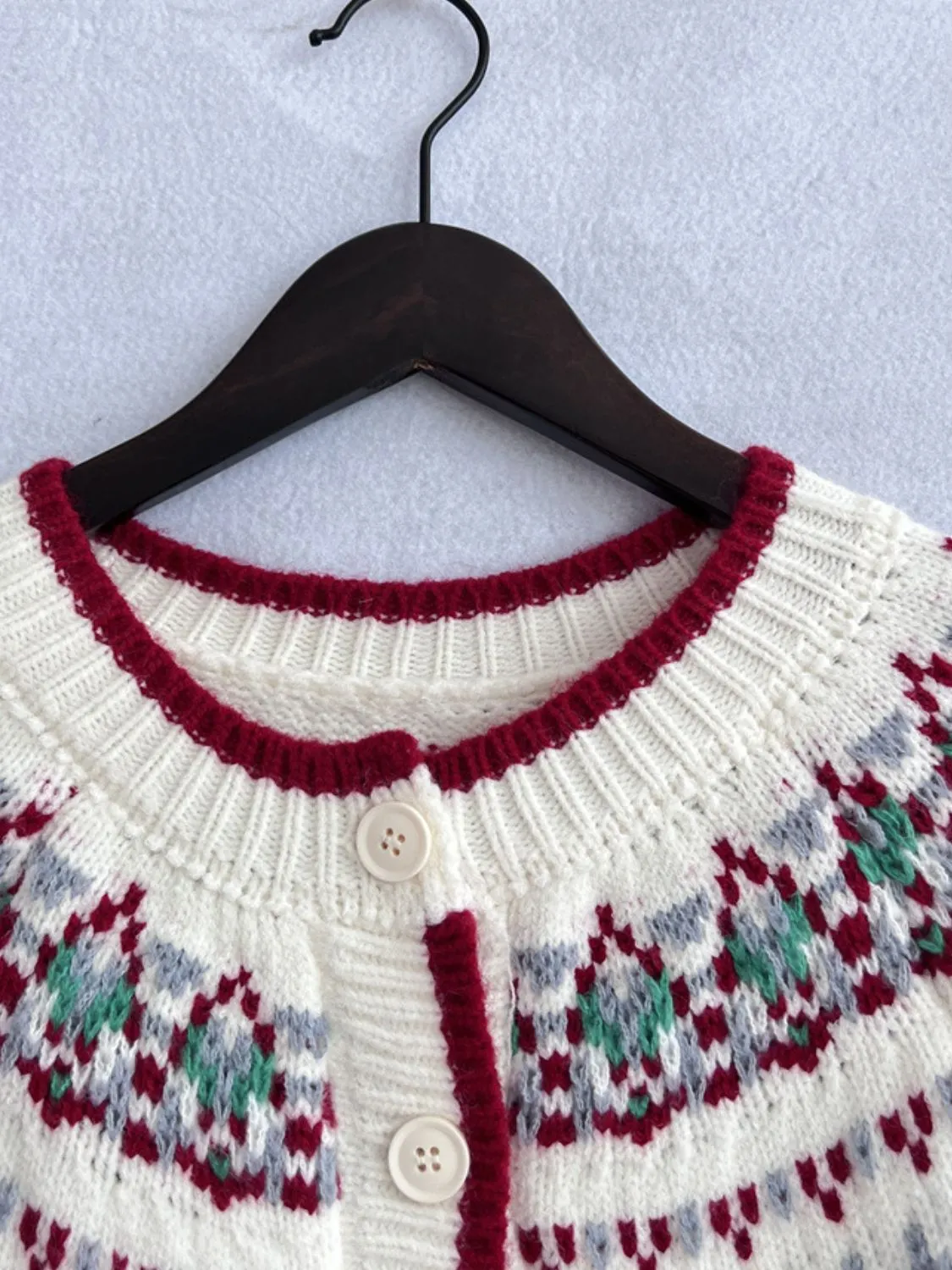 Contrast Geometric Round Neck Long Sleeve Cardigan Sweater