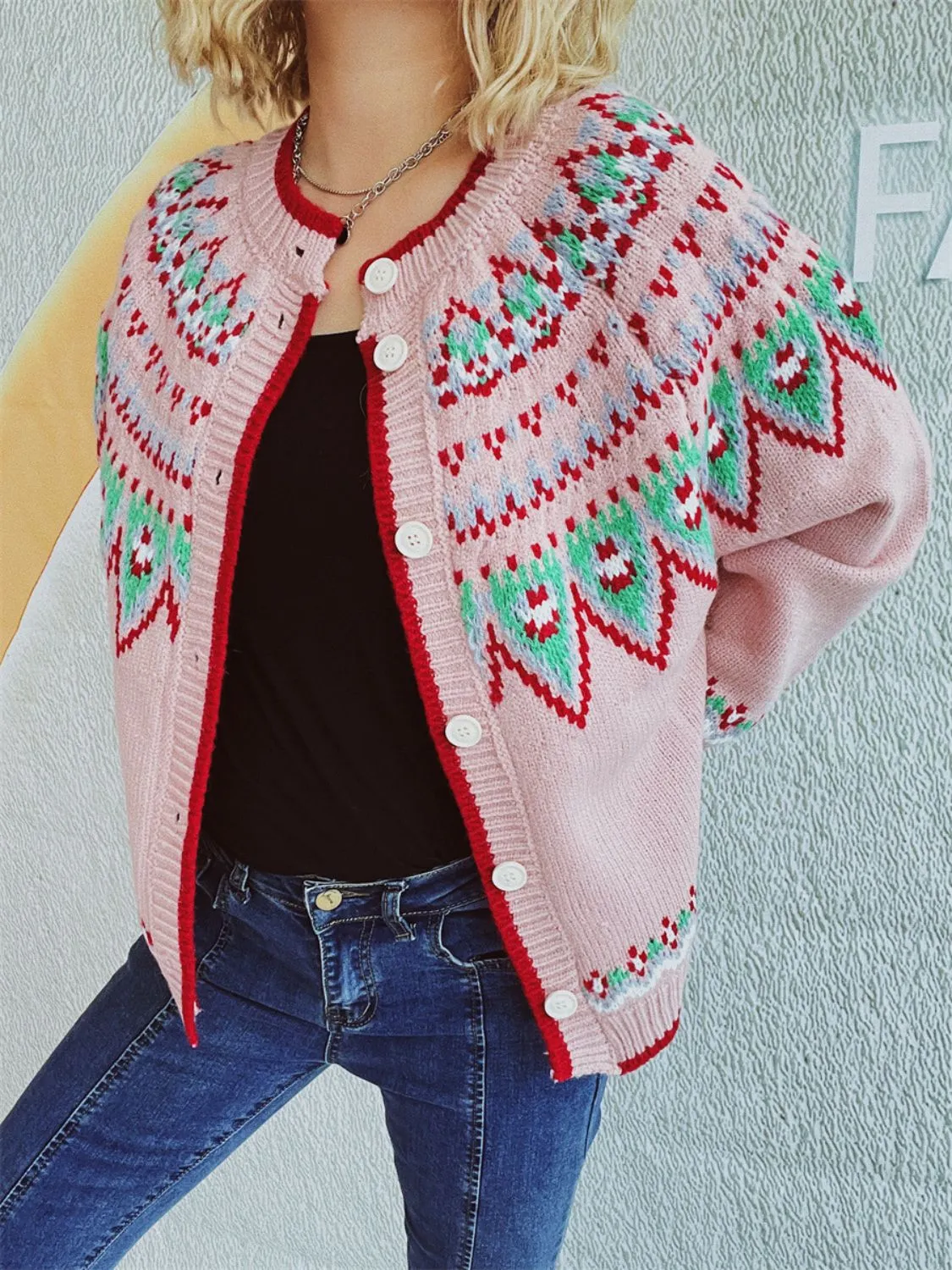 Contrast Geometric Round Neck Long Sleeve Cardigan Sweater