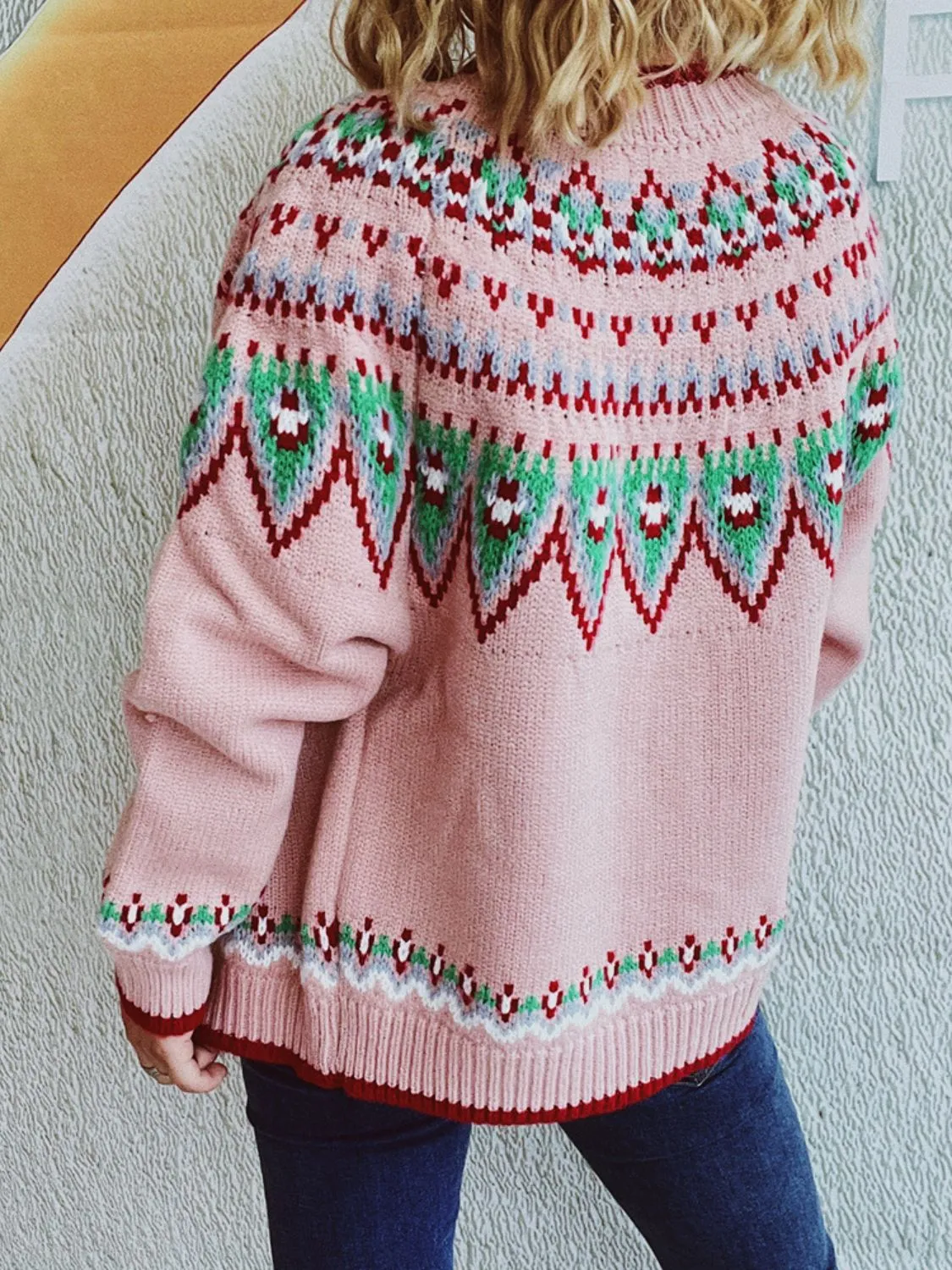 Contrast Geometric Round Neck Long Sleeve Cardigan Sweater