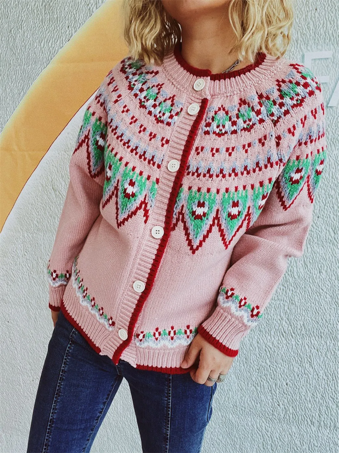 Contrast Geometric Round Neck Long Sleeve Cardigan Sweater