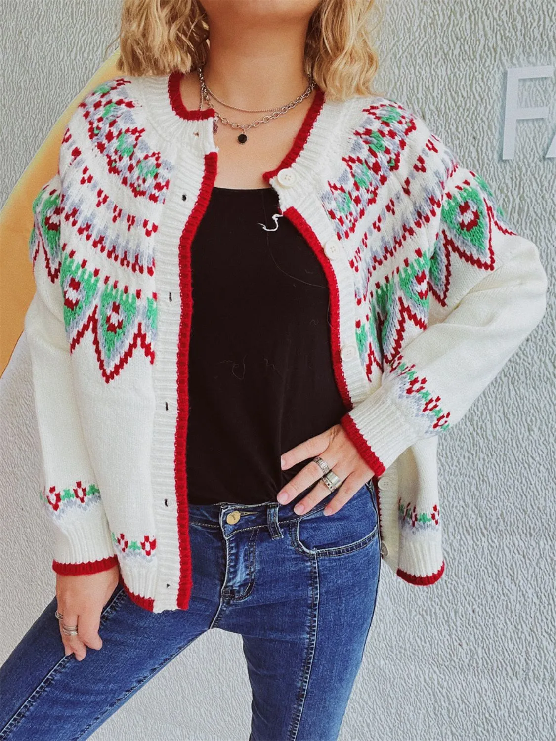 Contrast Geometric Round Neck Long Sleeve Cardigan Sweater