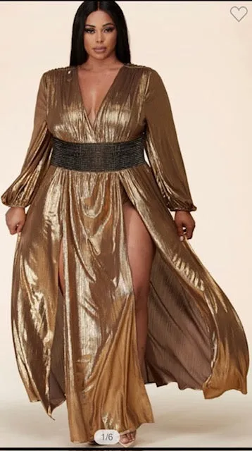 ELEGANT PLUS SIZE GOLD DRESS WITH RHINESTONE BELT