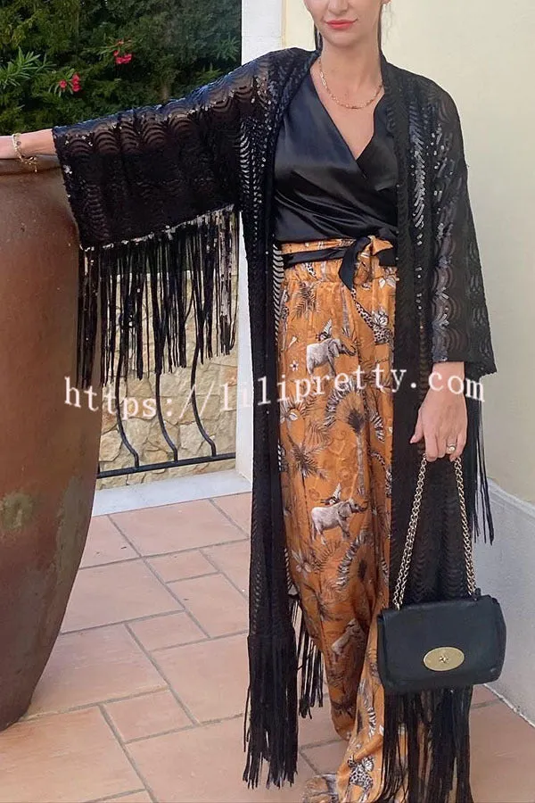 Fancy Moment Wavy Sequin Tassel Trim Kimono Coat