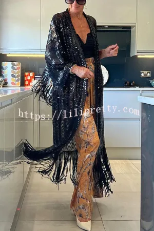 Fancy Moment Wavy Sequin Tassel Trim Kimono Coat