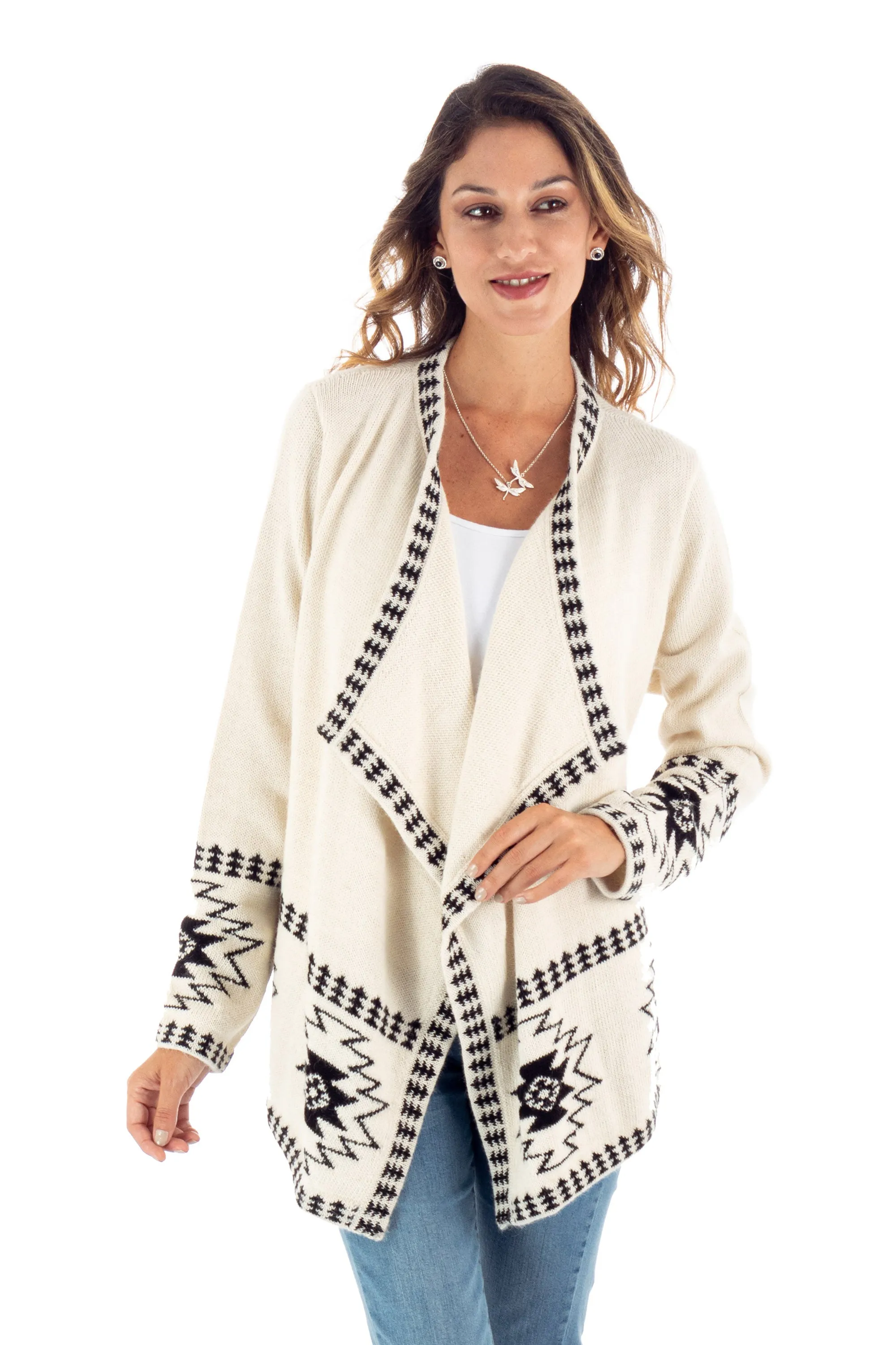 Geometric 100% Alpaca Cardigan Crafted in Peru - Dark Geometry | NOVICA