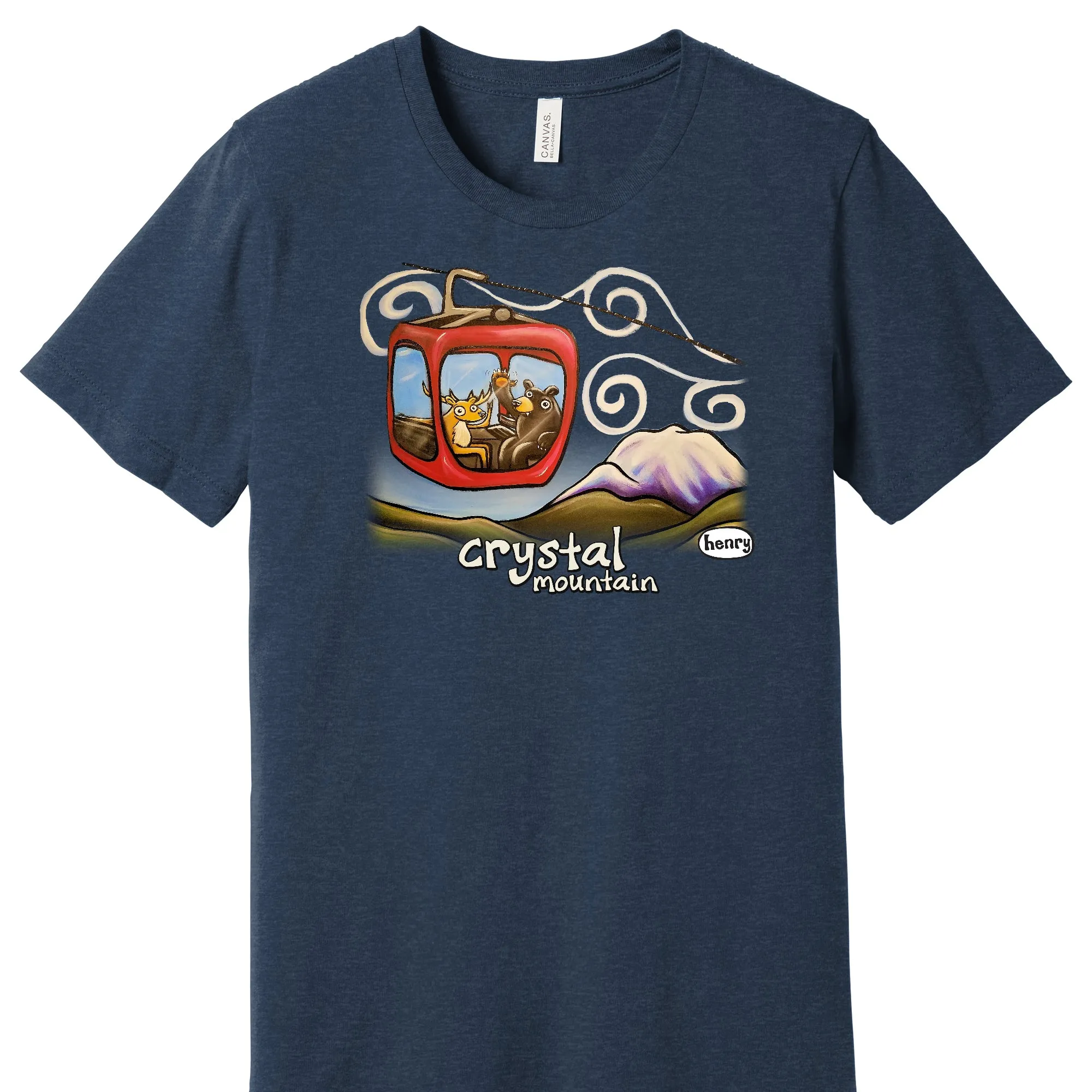 Gondola Fun at Crystal Mountain Unisex Heathered Navy T-Shirt | Wearable Art by Seattle Mural Artist Ryan "Henry" Ward