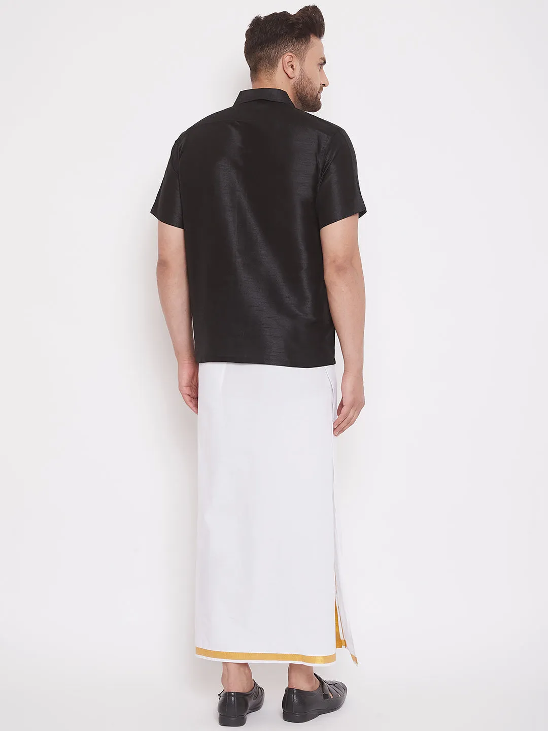 Jashvi Men's & Boys Black Solid Silk Blend Half Sleeve Ethnic Shirt And Mundu Set