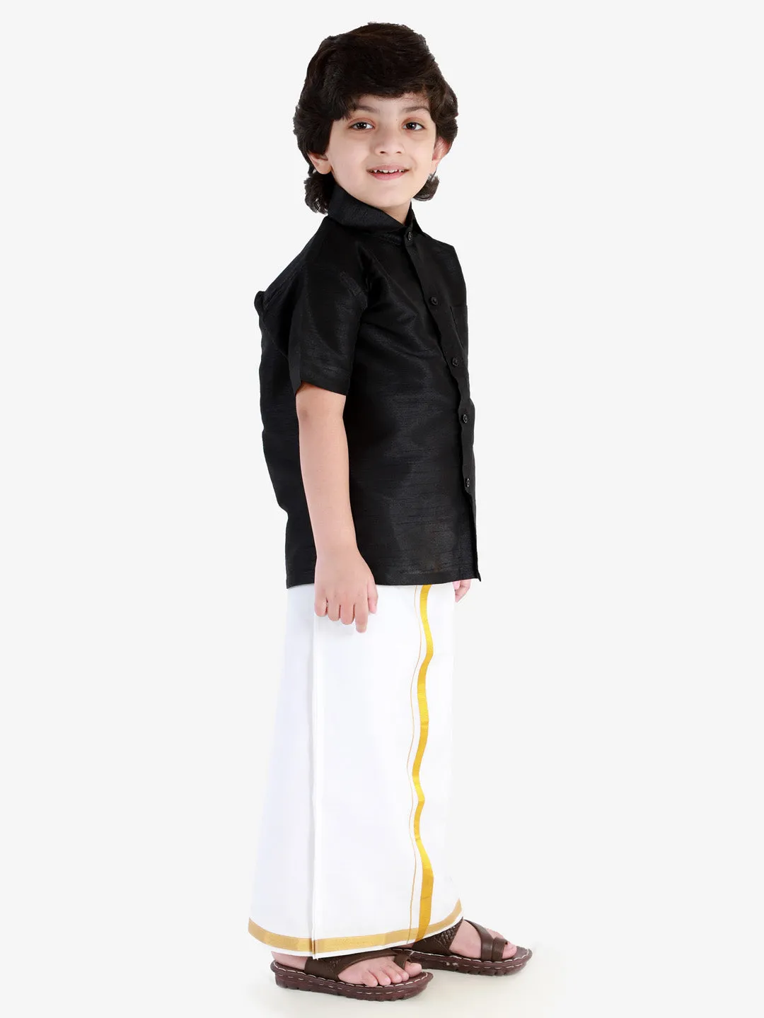 Jashvi Men's & Boys Black Solid Silk Blend Half Sleeve Ethnic Shirt And Mundu Set