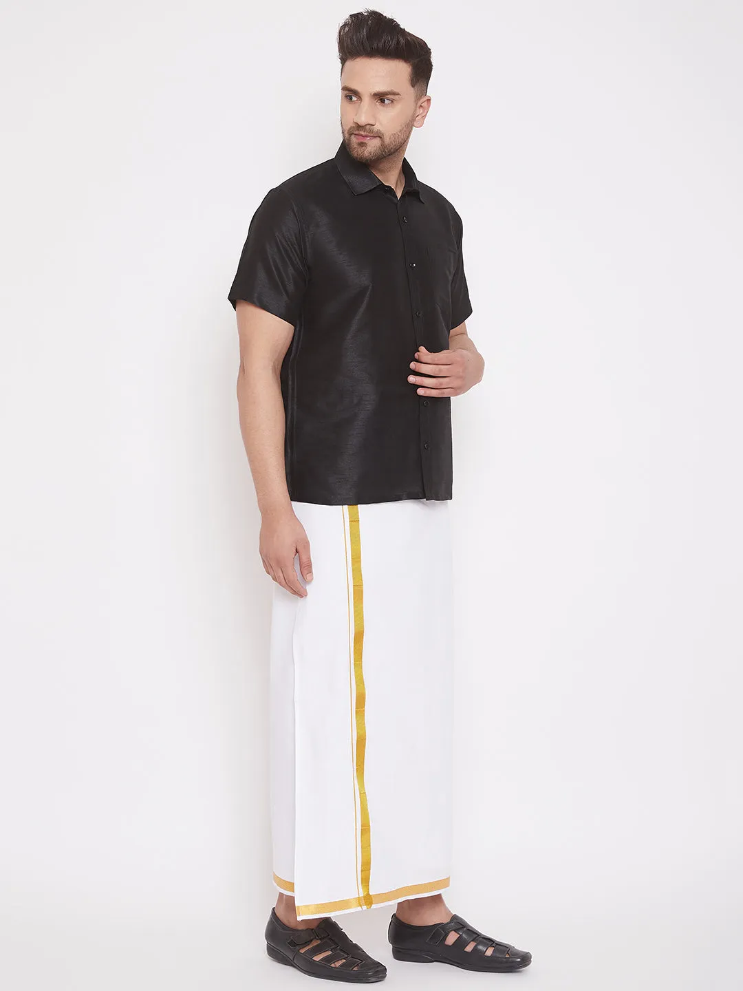 Jashvi Men's & Boys Black Solid Silk Blend Half Sleeve Ethnic Shirt And Mundu Set