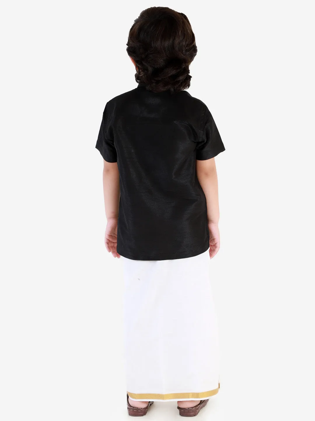 Jashvi Men's & Boys Black Solid Silk Blend Half Sleeve Ethnic Shirt And Mundu Set