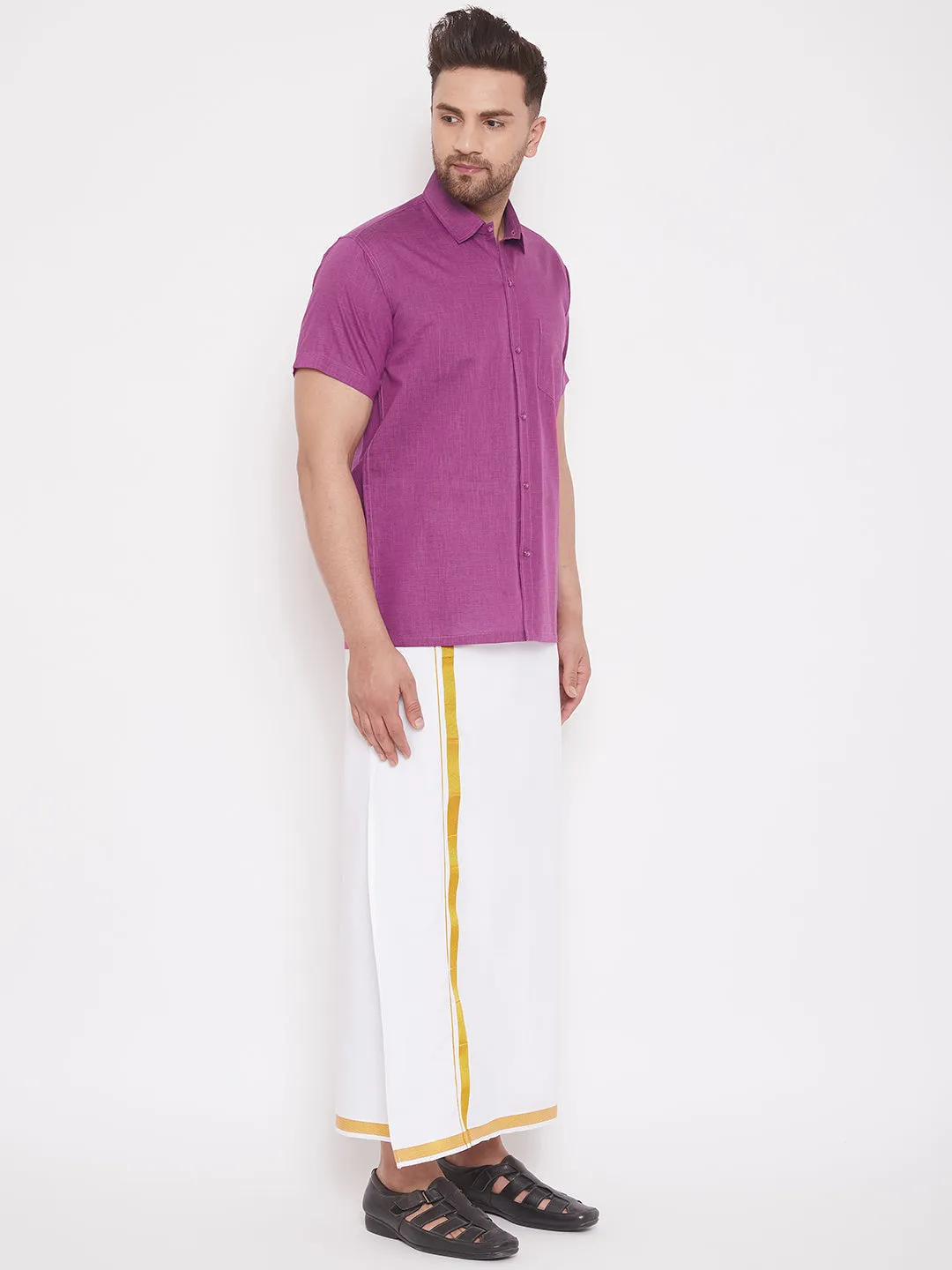 Jashvi Men's & Boys Pink Solid Cotton Blend Half Sleeve Ethnic Shirt And Mundu Set