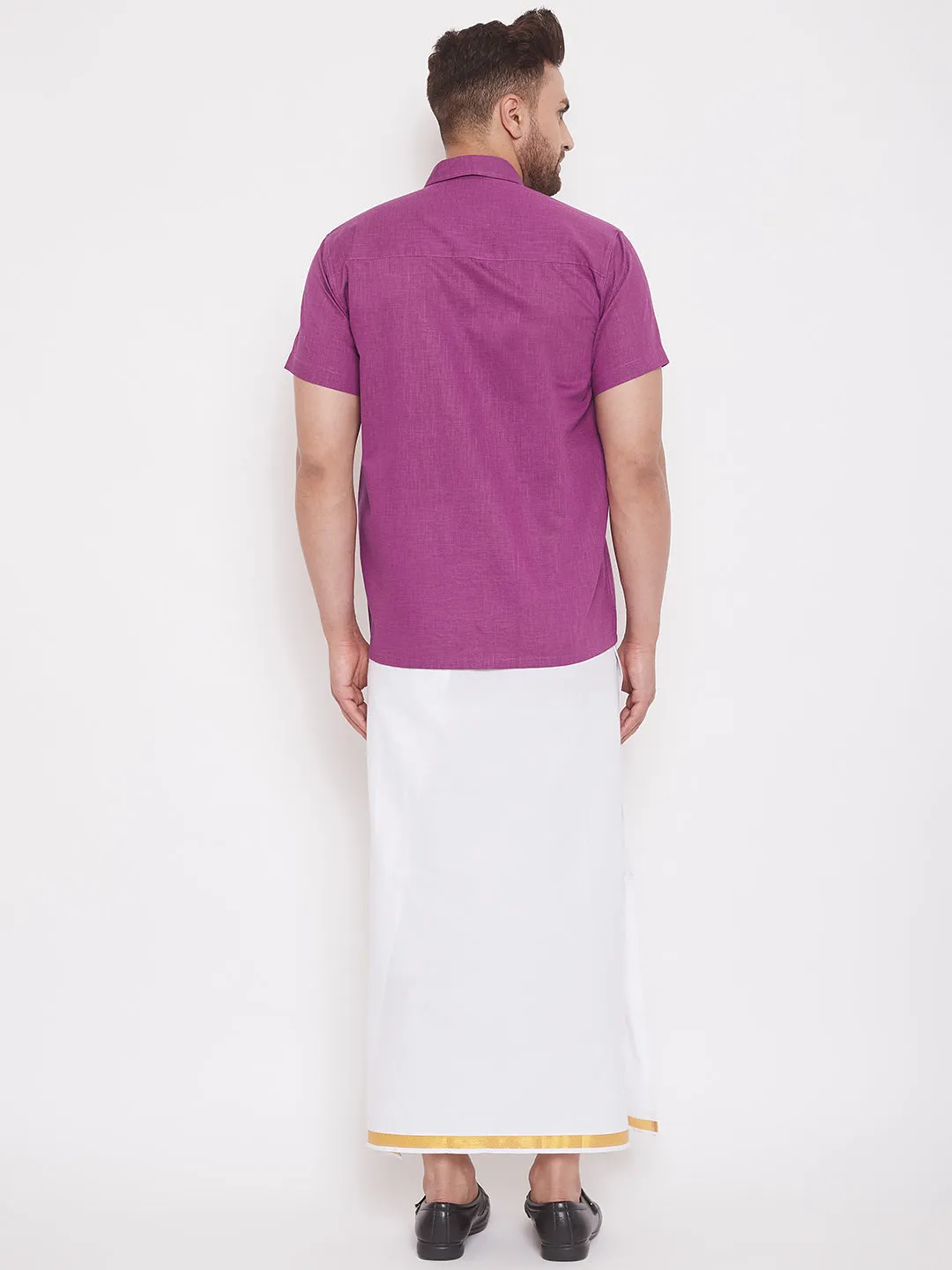 Jashvi Men's & Boys Pink Solid Cotton Blend Half Sleeve Ethnic Shirt And Mundu Set