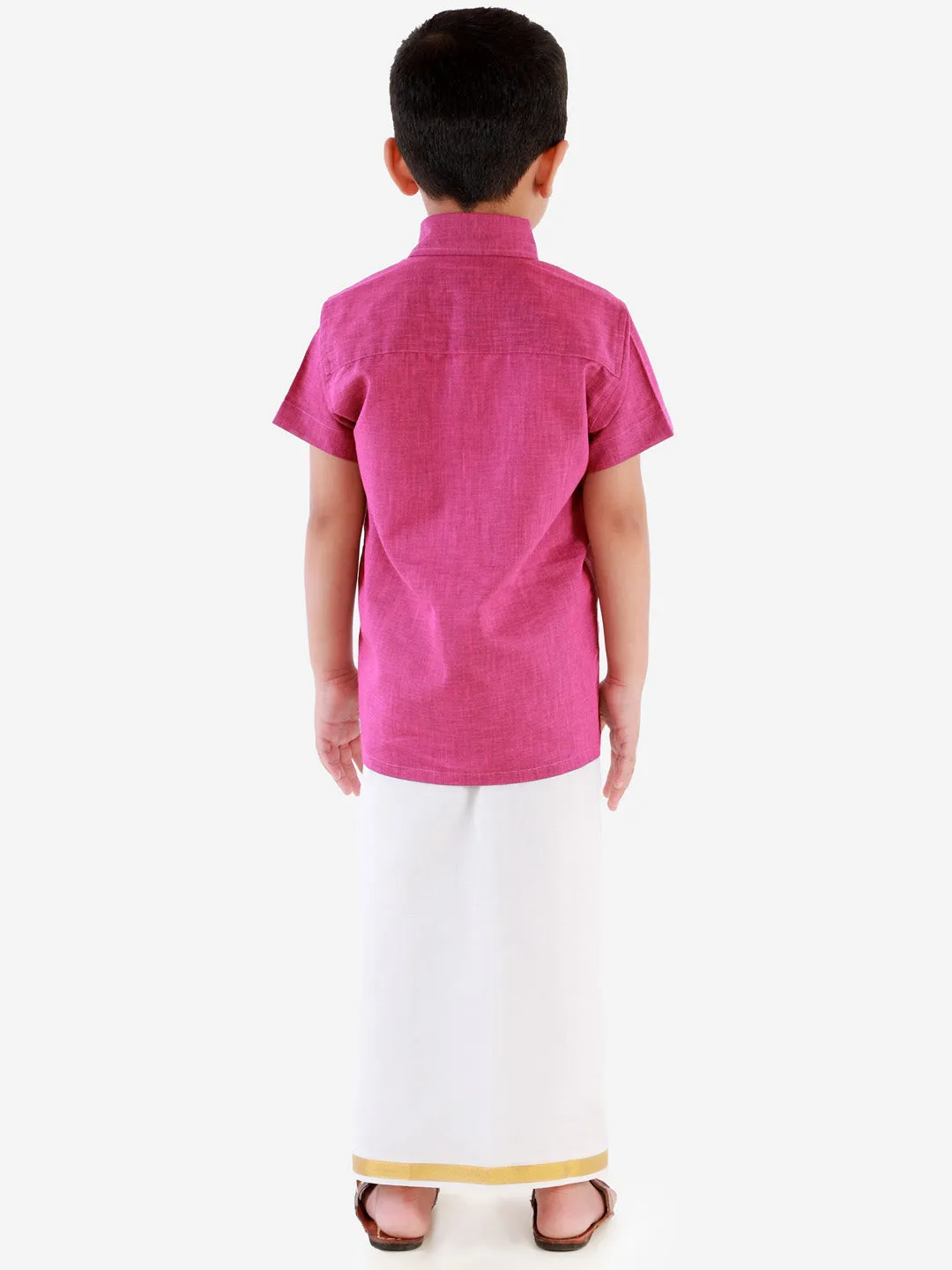Jashvi Men's & Boys Pink Solid Cotton Blend Half Sleeve Ethnic Shirt And Mundu Set