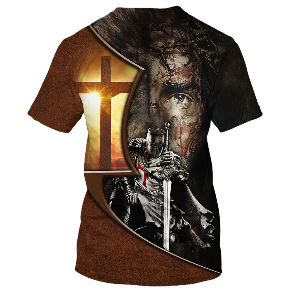 Knight Kneel In Front Of Lion Jesus Christ Warrior 3d All Over Print Shirt - Christian 3d Shirts For Men Women