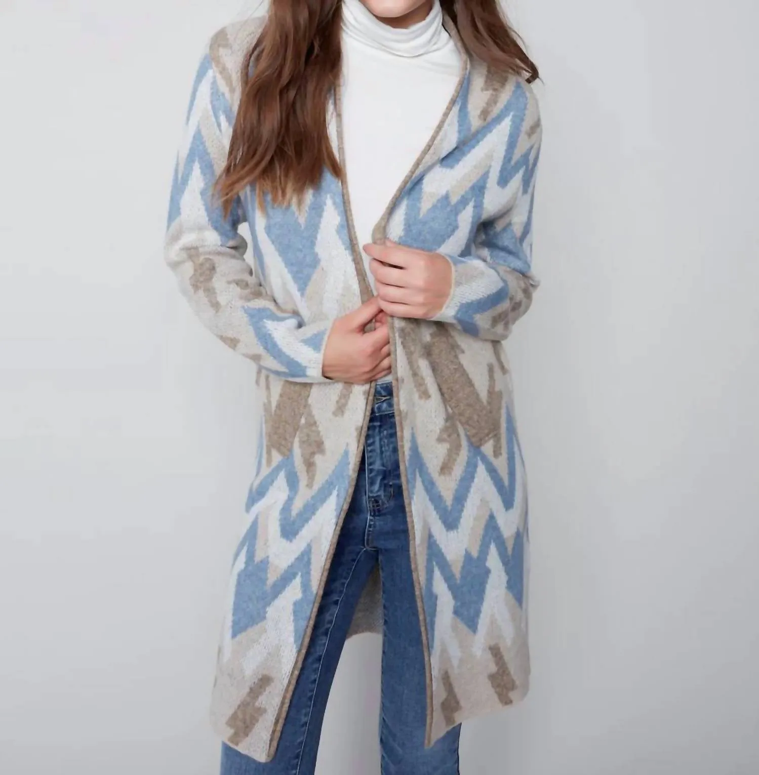 Long Jacquard Knit Cardigan In Denim